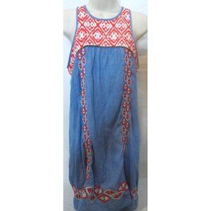 THML Anthropologie Blue Red Embroidered Boho Shift Dress Sz Small